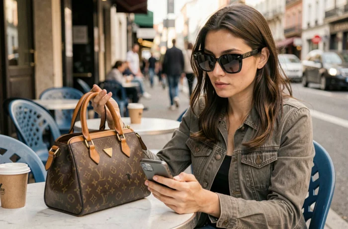 Femme avec un sac à main contrefait de luxe dans un café ordinaire, illustrant les comportements typiques des faux riches sur les réseaux sociaux