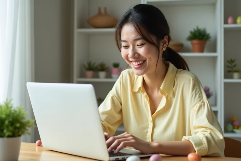 Jeune femme souriante cherchant des gifs animés de Pâques sur son ordinateur portable dans un bureau décoré d'œufs colorés