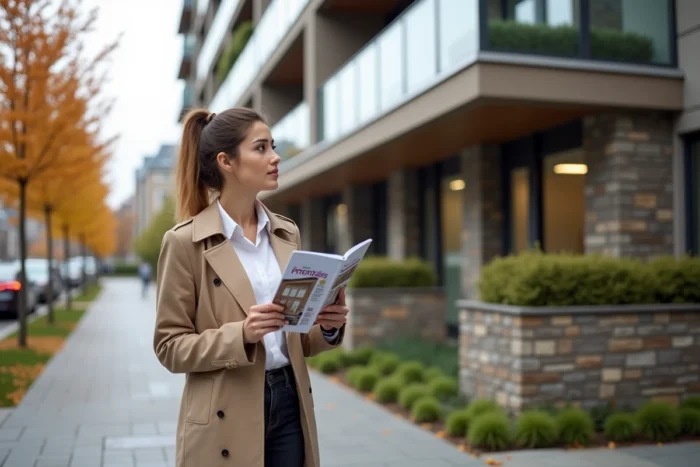 Femme devant un immeuble résidentiel neuf en milieu urbain tenant une brochure immobilière, tendances immobilières 2024