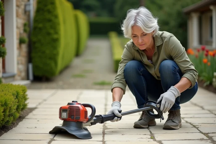 Femme inspectant la tête de coupe d'un coupe-bordure thermique sur une terrasse de jardin résidentiel