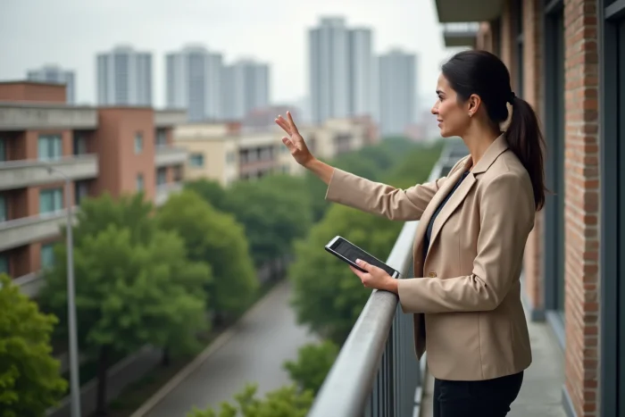 Une femme investisseuse immobilière observant un quartier résidentiel depuis un balcon avec une tablette