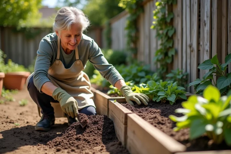 Jardinière épandant du fumier de cheval compostés dans un potager surélevé pour enrichir la terre