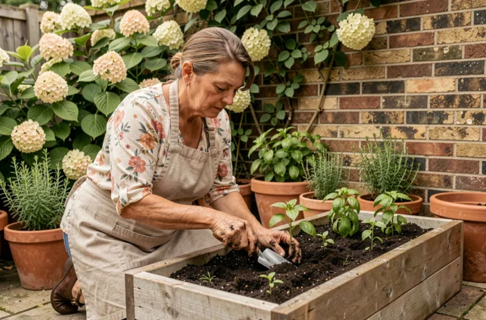 Femme d'âge mûr en train de planter des semis dans un potager surélevé en bois entouré de pots en terre cuite