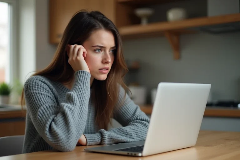 Femme frustrée devant un écran d'erreur sur son ordinateur portable, illustrant un problème de connexion sur Le Bon Coin