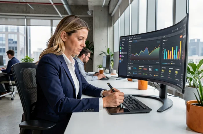 Femme professionnelle analysant des tableaux de bord digitaux pour améliorer la performance de son business