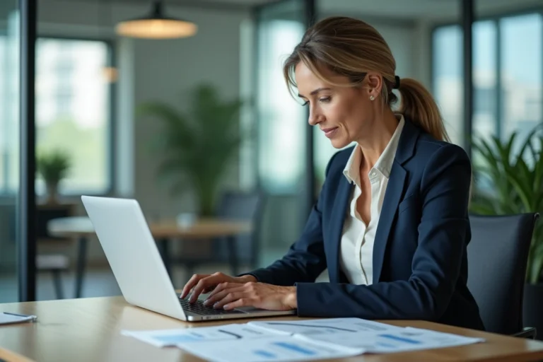 Femme professionnelle consultant un annuaire professionnel en ligne pour améliorer la visibilité de son entreprise