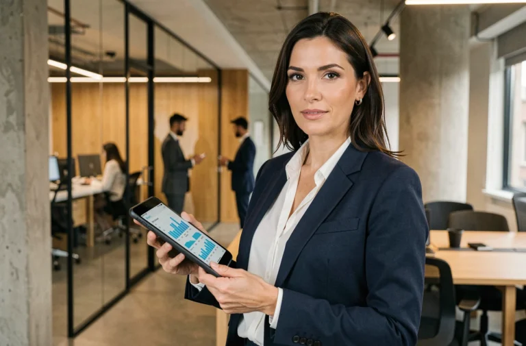Femme professionnelle en blazer marine tenant une tablette dans un bureau moderne avec partitions en verre, illustrant les tendances du monde professionnel