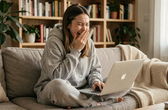 Jeune femme hilare devant son ordinateur portable regardant des vidéos virales drôles sur le web en 2024