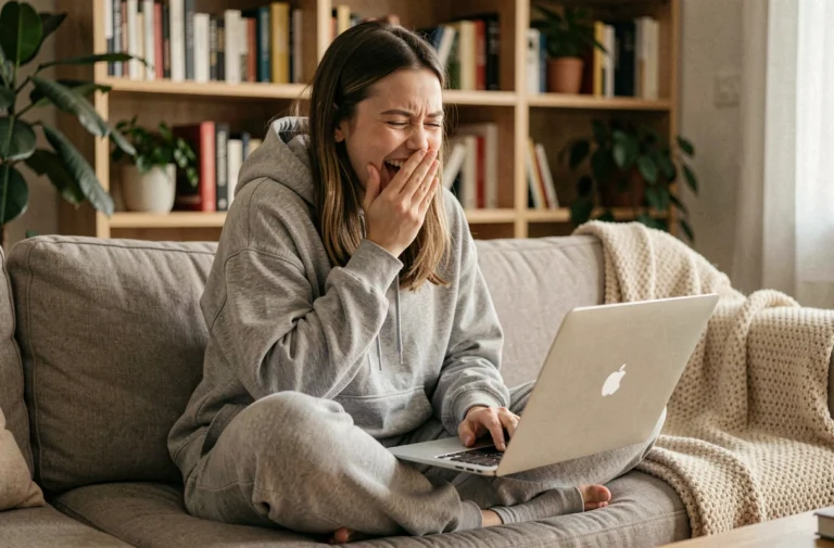 Jeune femme hilare devant son ordinateur portable regardant des vidéos virales drôles sur le web en 2024