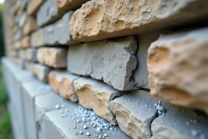 Fissures et effritement visibles sur du mortier neuf entre des joints de pierres de façade