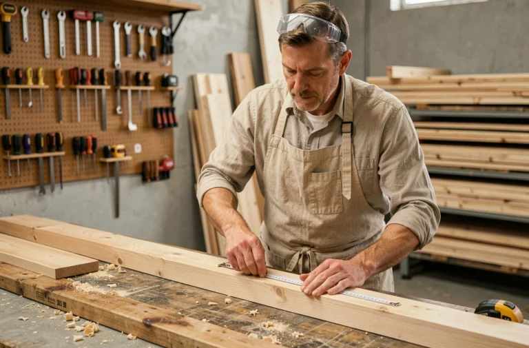Menuisier en formation mesurant une planche en bois dans un atelier artisanal organisé