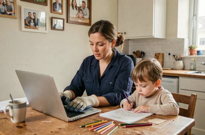 Femme en reconversion en menuiserie révisant ses cours à la maison avec son enfant à côté d'elle