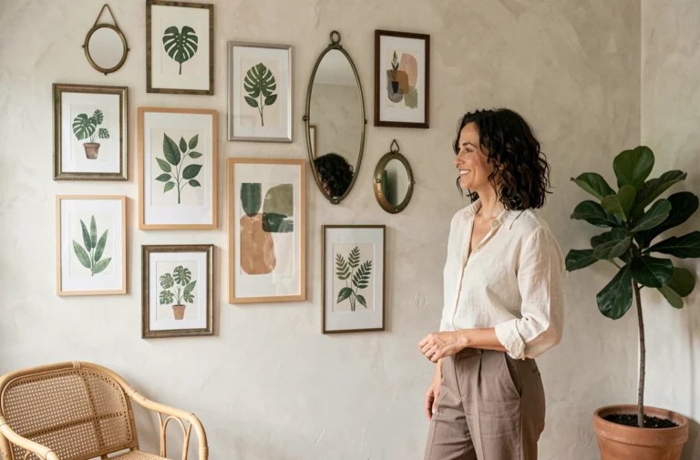 Femme admirant un mur décoré d'une galerie de cadres variés dans un salon moderne aux tons neutres