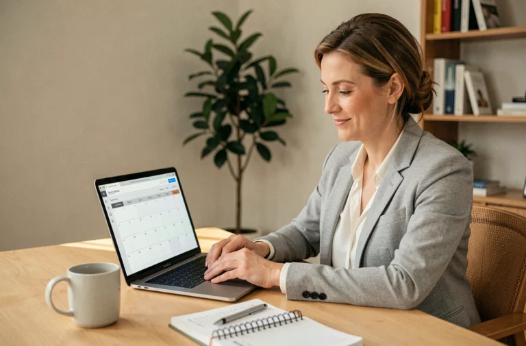Femme professionnelle gérant un planning en ligne sur un ordinateur portable dans un bureau à domicile moderne