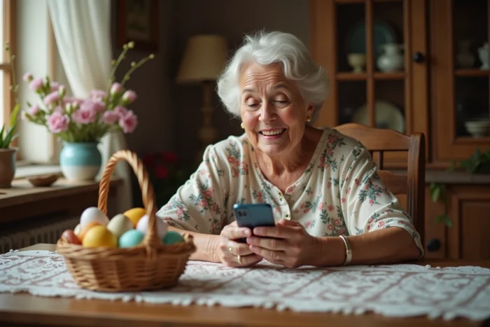 Grand-mère émue recevant un gif animé de Pâques sur son téléphone entourée d'une décoration traditionnelle de Pâques