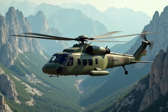 Hélicoptère militaire français Caracal H225M en vol au-dessus d'un paysage montagneux dans le sud de la France