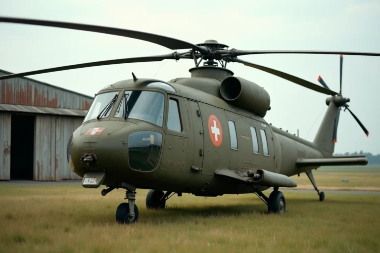 Hélicoptère militaire français vintage des années 1960 aux couleurs olive sur un terrain d'aviation historique