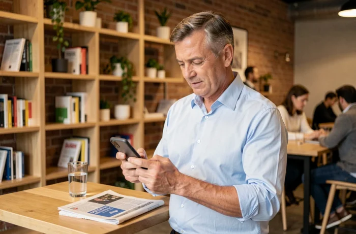 Homme d'affaires consultant les actualités économiques sur smartphone dans un espace de coworking contemporain