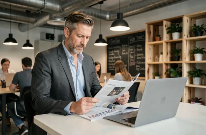 Homme d'affaires en costume charbon travaillant dans un espace de coworking moderne, consultant un magazine professionnel et un ordinateur portable pour suivre les tendances actuelles