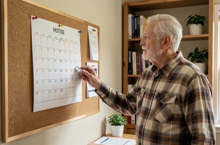 Homme âgé accrochant un calendrier imprimable sur un tableau en liège dans un bureau à domicile