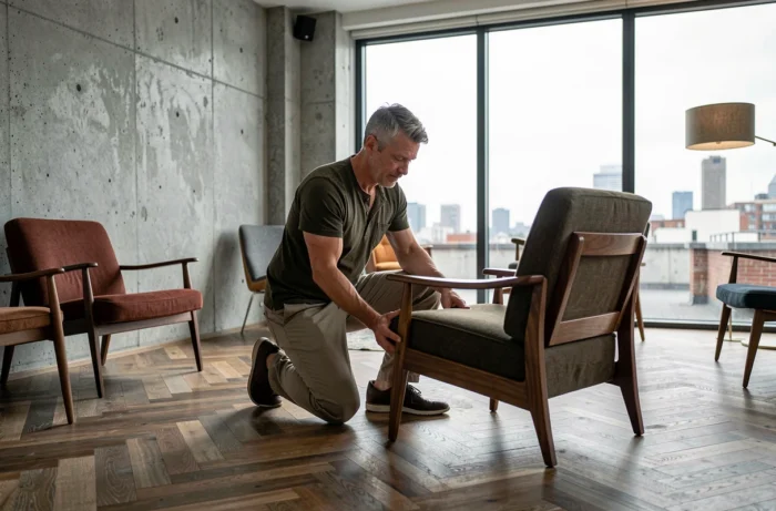 Homme repositionnant un fauteuil vintage dans un appartement urbain en cours de réaménagement intérieur