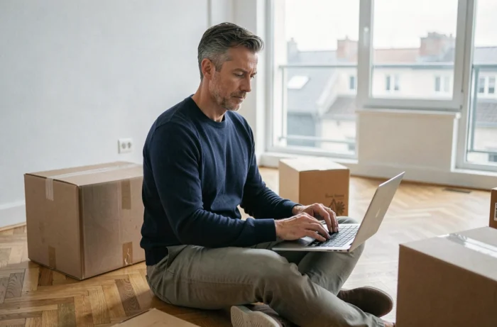 Homme consultant des annonces immobilières sur un ordinateur portable dans un appartement vide lors d'un déménagement