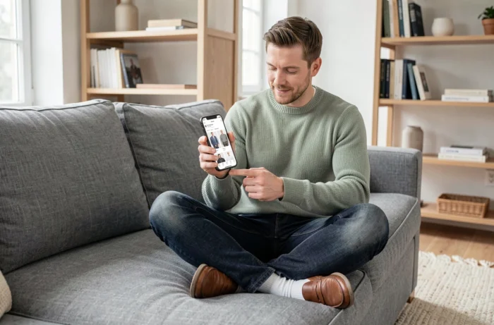 Homme décontracté et stylé consultant une application de mode masculine sur son smartphone dans un salon scandinave