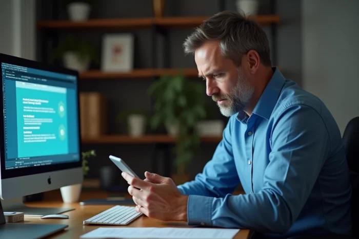 Homme vérifiant son téléphone face à un problème de connexion sur Le Bon Coin depuis son bureau à domicile