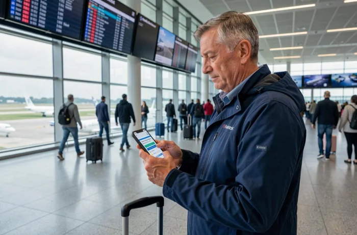 Homme comparant des assurances voyage sur smartphone dans un terminal d'aéroport international