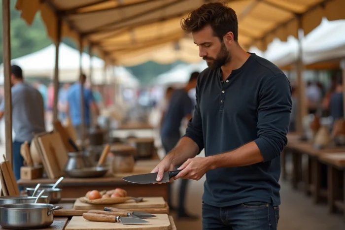 Homme comparant des couteaux de chef sur un stand de marché extérieur d'ustensiles de cuisine