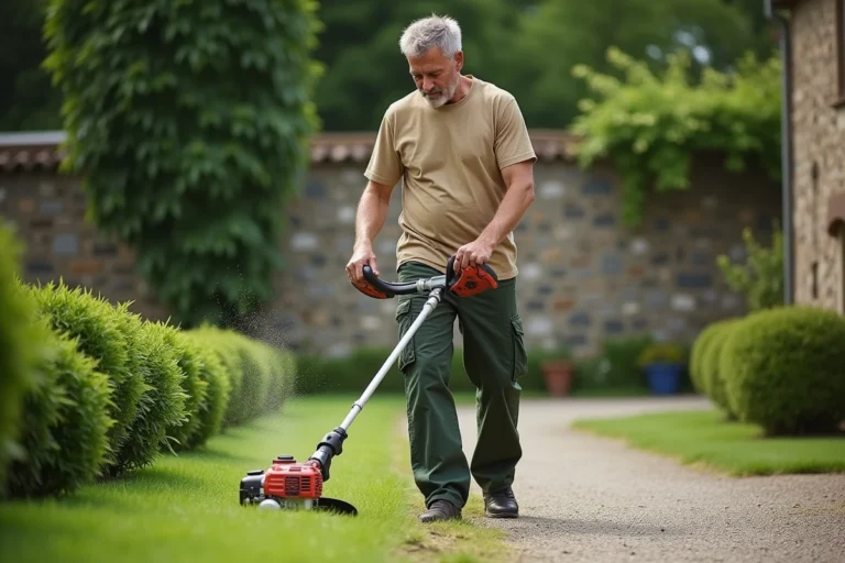 Homme utilisant un coupe-bordure thermique pour entretenir les bords d'une pelouse dans un jardin soigné