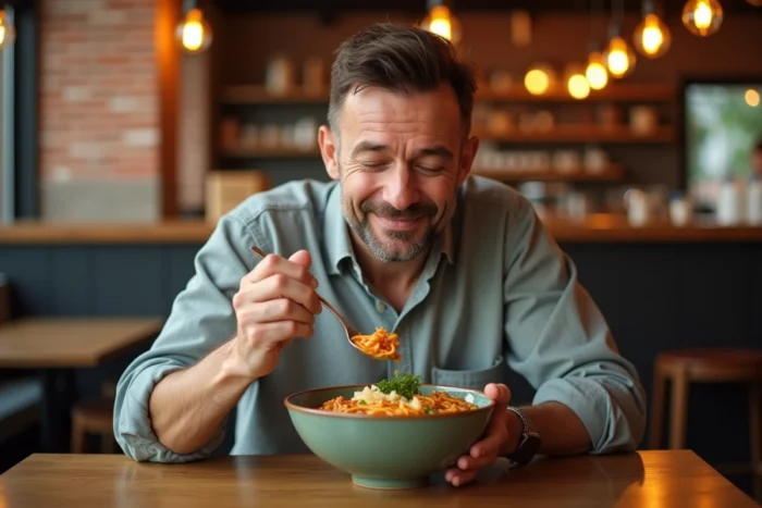 Homme dégustant un bol de ramen fumant dans un restaurant tendance avec décor de briques apparentes