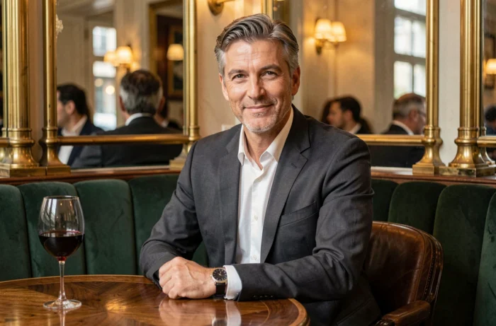 Homme distingué aux cheveux poivre et sel dans une brasserie parisienne chic, portrait éditorial