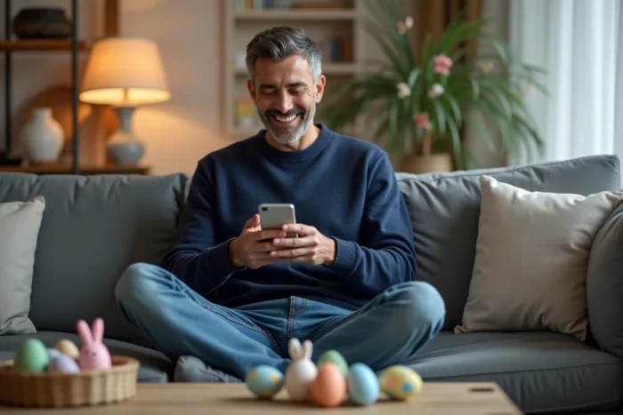 Homme riant sur son canapé tenant un smartphone avec un gif animé de lapin de Pâques prêt à être partagé