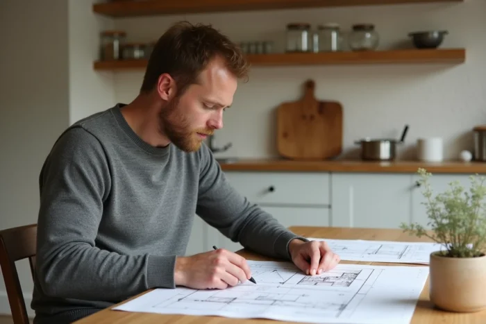 Homme étudiant des plans architecturaux pour une maison écologique dans une cuisine minimaliste avec mur en argile et étagères en bois recyclé