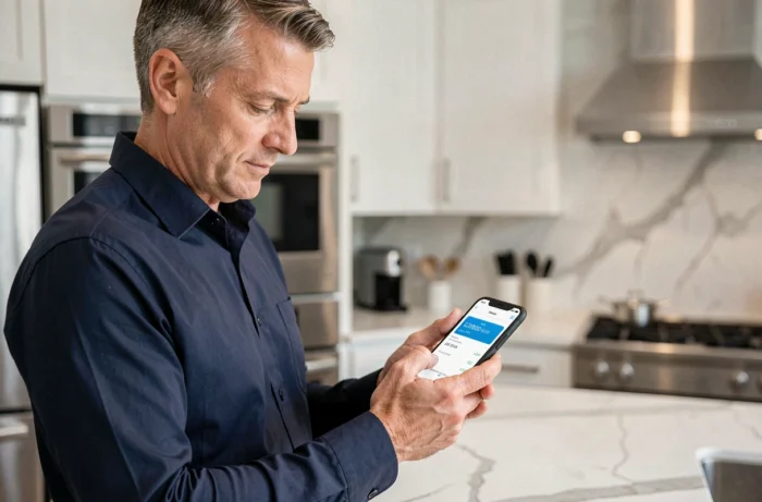 Homme réglant une facture Free en retard depuis son smartphone dans la cuisine