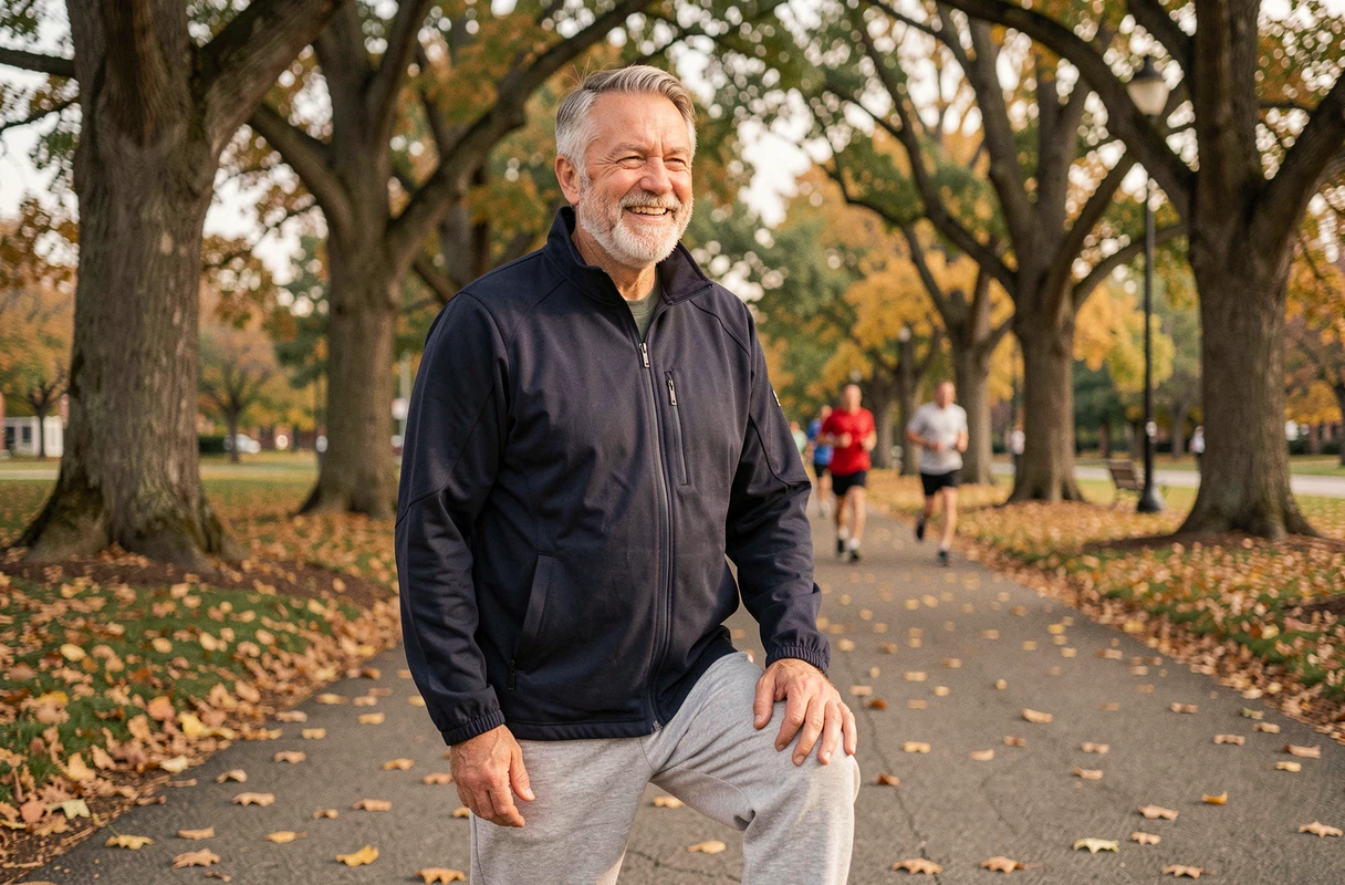 Homme senior actif dans un parc tenant son genou avec une expression soulagée après un effort physique