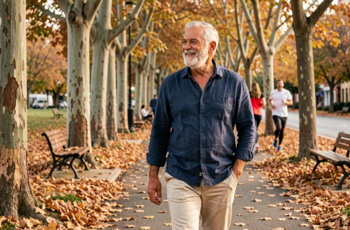 Homme senior actif se promenant dans un parc en automne avec un sourire épanoui