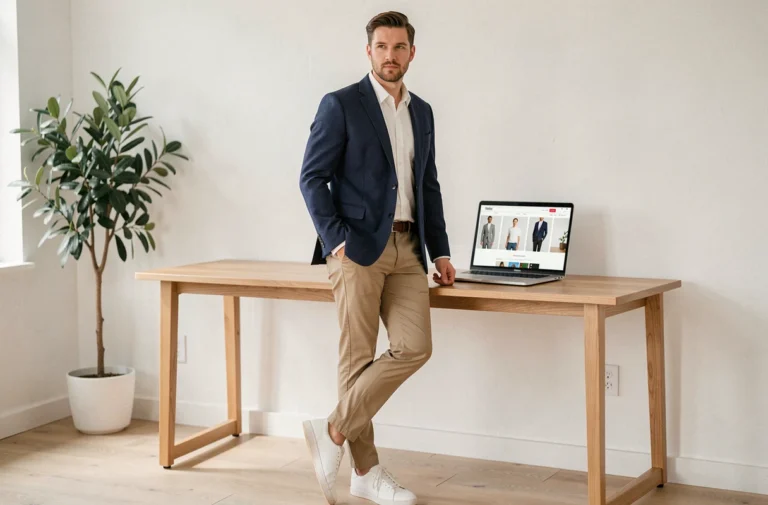 Homme élégant en blazer marine consultant un site de shopping mode en ligne sur son ordinateur dans un bureau moderne