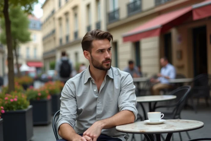 Homme détendu en terrasse de bistro parisien, portrait candide en tenue décontractée élégante