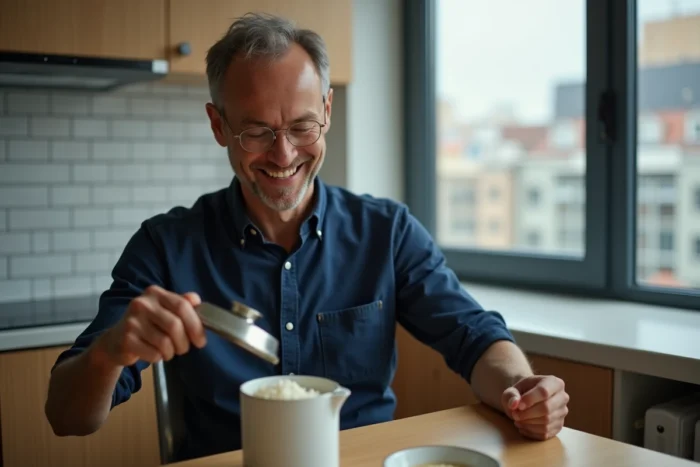 Homme soulevant le couvercle d'une bouilloire électrique pour vérifier la cuisson du riz dans une petite cuisine d'appartement