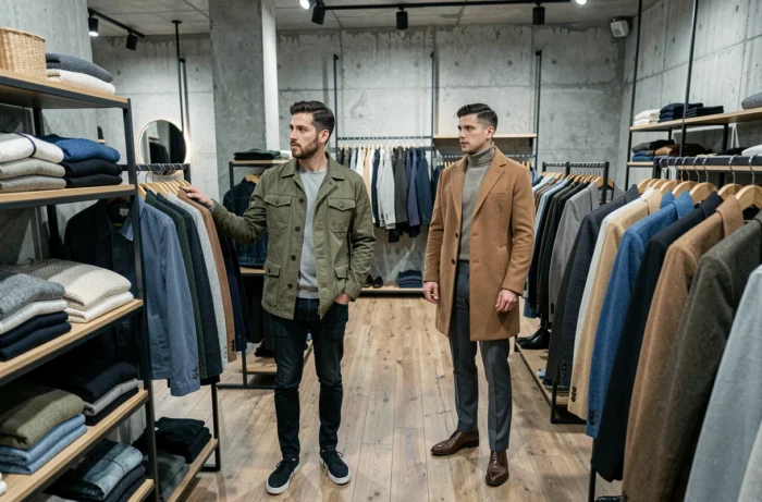 Deux hommes tendance découvrant des vêtements dans une boutique mode minimaliste aux murs en béton