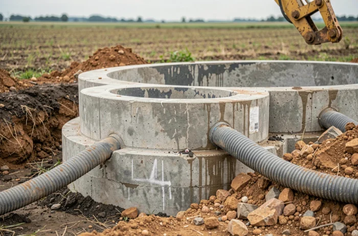 Installation d'une cuve enterrée de récupération d'eau de pluie agricole avec excavatrice et tuyaux de drainage sur terrain cultivé