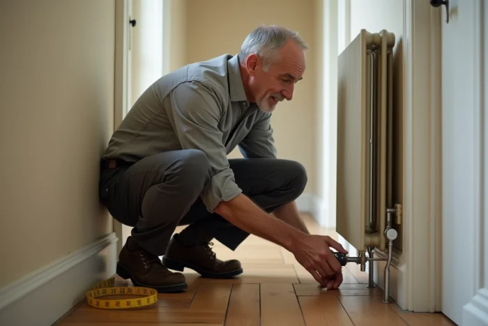 Homme installant le pied réglable d'un radiateur en fonte dans un couloir parisien sans percer le mur