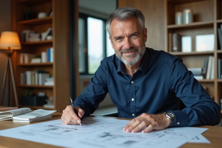 Un investisseur immobilier analysant des plans et documents financiers dans un bureau moderne