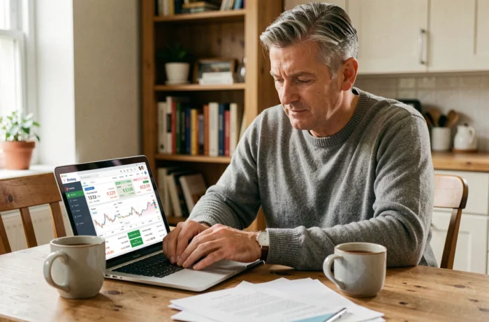 Homme consultant une plateforme boursière en ligne depuis son domicile avec un ordinateur portable