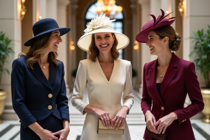 Trois invitées de mariage portant des chapeaux élégants aux styles variés dans un foyer d'hôtel