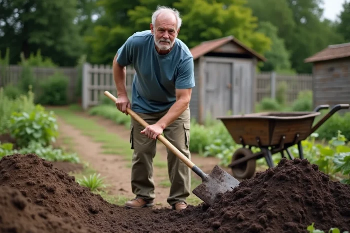 Jardinier retournant un tas de fumier de cheval compostés avec une fourche dans un potager communautaire
