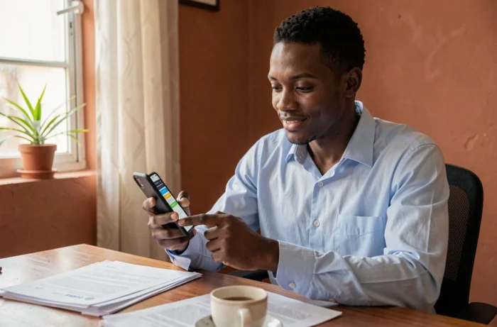 Jeune homme africain consultant l'application Wave sur son smartphone pour faire une demande de prêt rapide