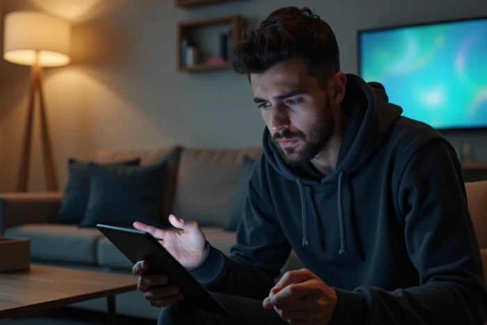 Jeune homme sur un canapé consultant une tablette avec une erreur de chargement, problème d'accès sur Le Bon Coin